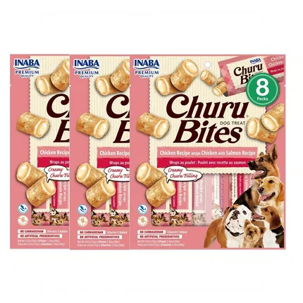 【3包】INABA伊纳宝 ChuruBites 啾噜比卷流芯粒粒 犬用零食 10g*8支装 USD723鸡肉三文鱼味*3包 海外版