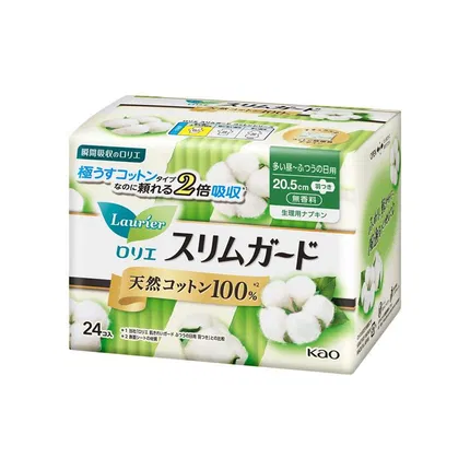 日本KAO花王 LAURIER乐而雅 零触感系列 天然棉量多日用卫生巾 20.5cm*24片入