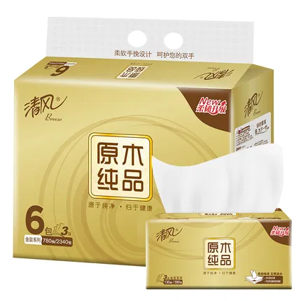 清风 原木纯品金装系列 软抽面巾纸 S码 130抽*6包入