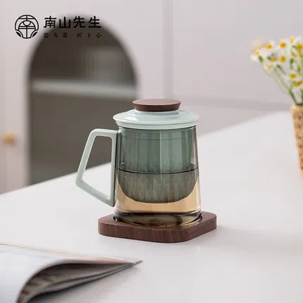 南山先生 灵龙系列泡茶杯 碧绿鸦青款 胡桃木杯垫 400ml