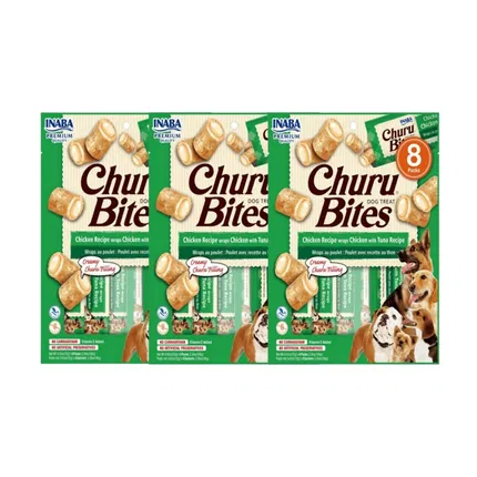 【3包】INABA伊纳宝 ChuruBites 啾噜比卷流芯粒粒 犬用零食 10g*8支装 USD722金枪鱼扇贝味*3包 海外版