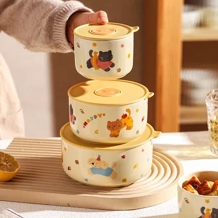 川岛屋 萌猫萌狗陶瓷保鲜碗套装 赠密封盖 多款选